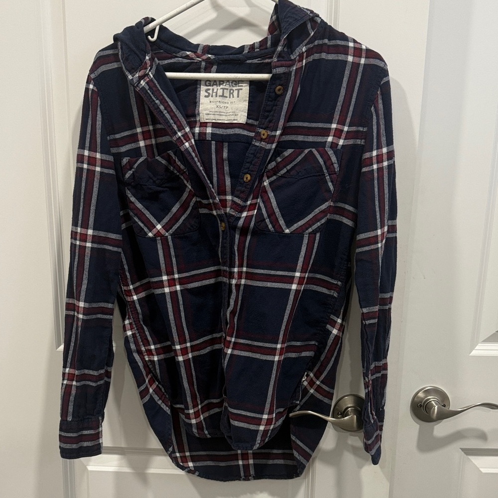Garage Navy and Red Plaid Button Down Shirt